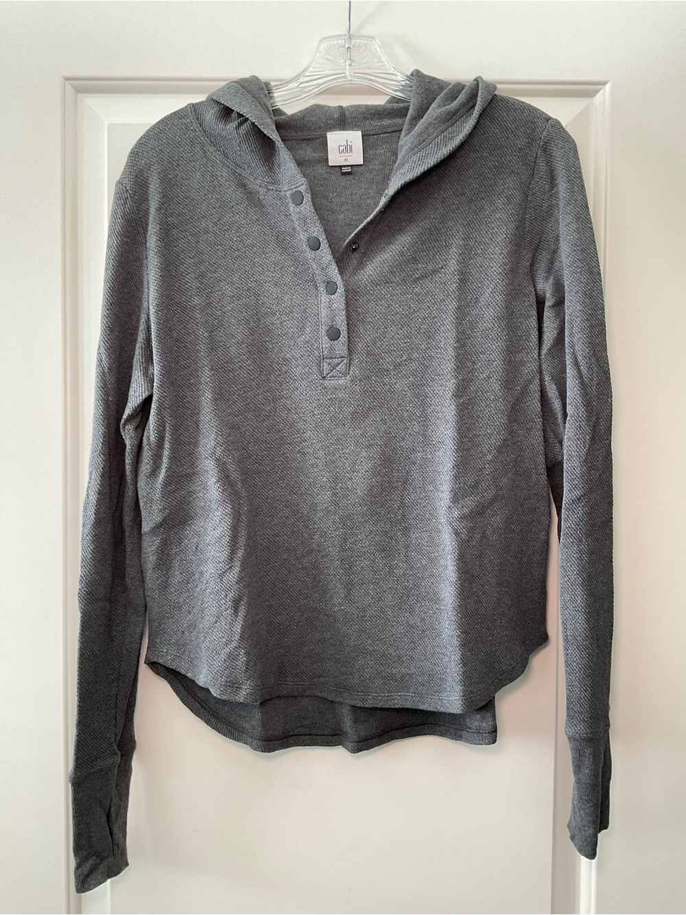 CAbi Charcoal Gray Hooded Henley V-Neck Top